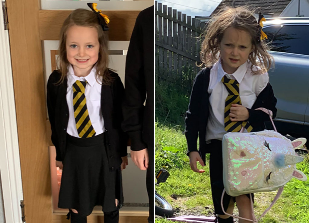 El antes y el después de una niña en su primer día de clases