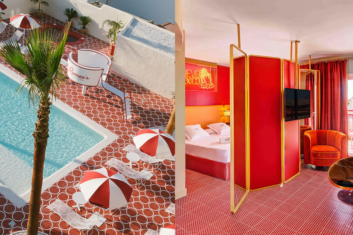 Hotel con estética de motel, wedding chapel y una piscina única