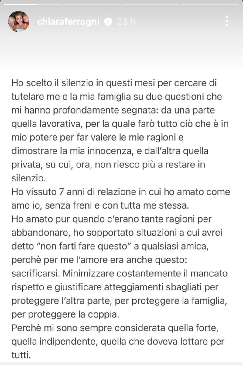 Chiara Ferragni confirmó la infidelidad de Fedez