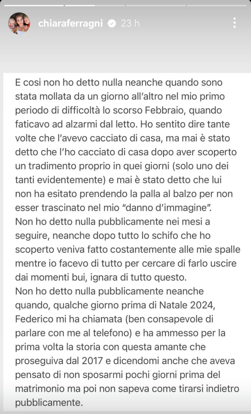 Chiara Ferragni confirmó la infidelidad de Fedez