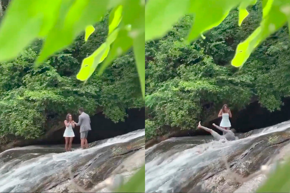 Propuesta de matrimonio sale mal, novio cae por cascada con todo y anillo de compromiso: video Propuesta de matrimonio sale mal, novio cae por cascada con todo y anillo de compromiso: video