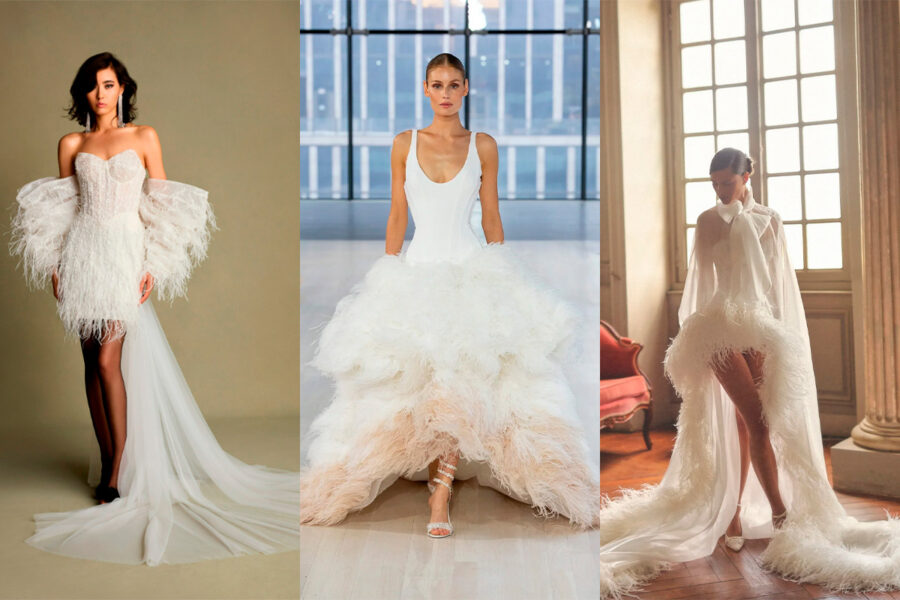 tendencia de plumas en vestidos de novia